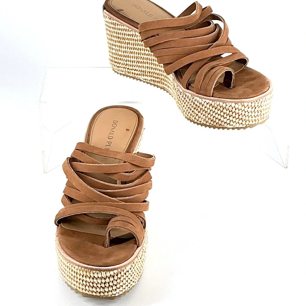 Donald Pliner Size 8.5 Tan Suede‎ Strappy Raffia Wedge Sandals NEW Ithaca $228